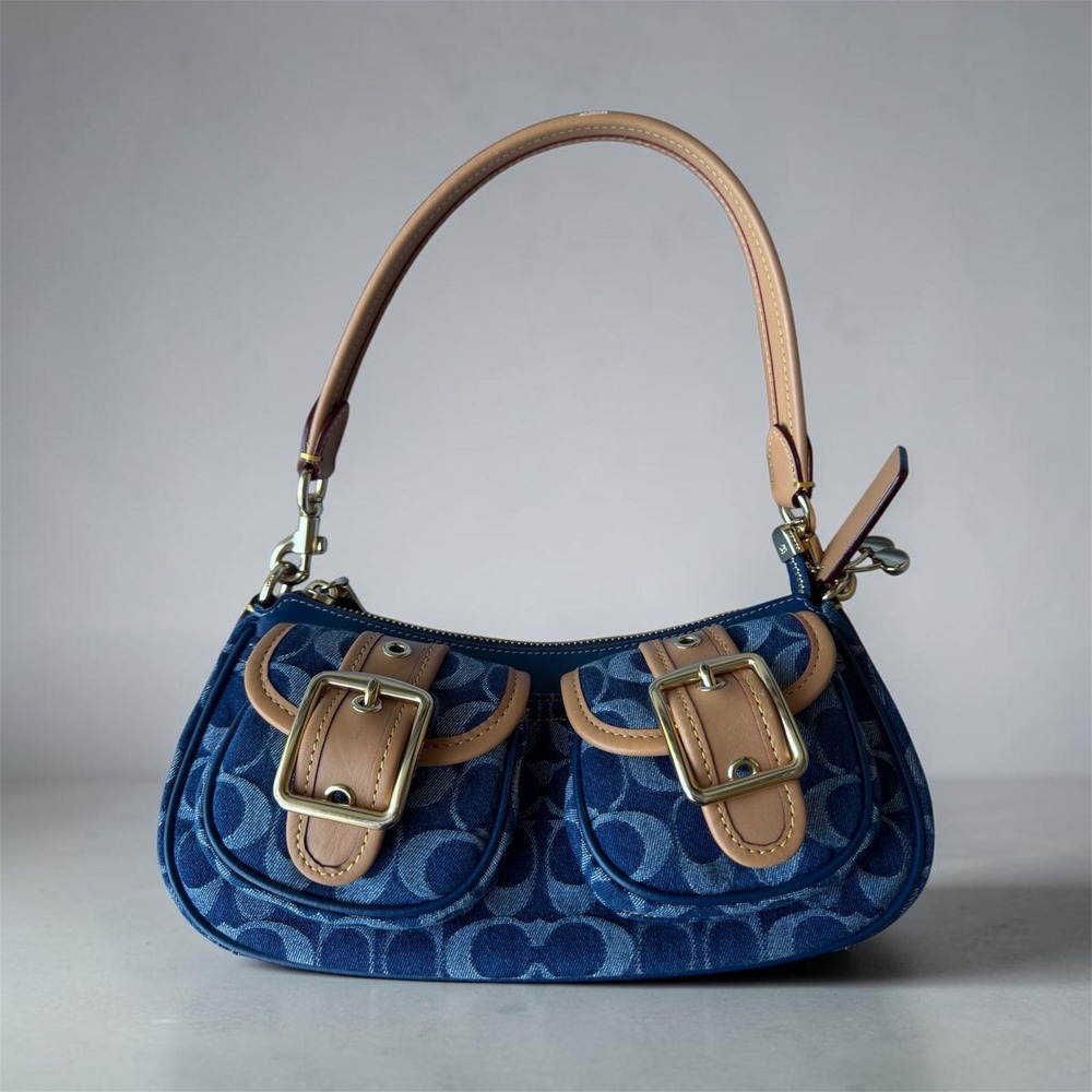 Coach Ashton Denim Signature Shoulder Bag Blue Y2K Buckle Pocket Purse